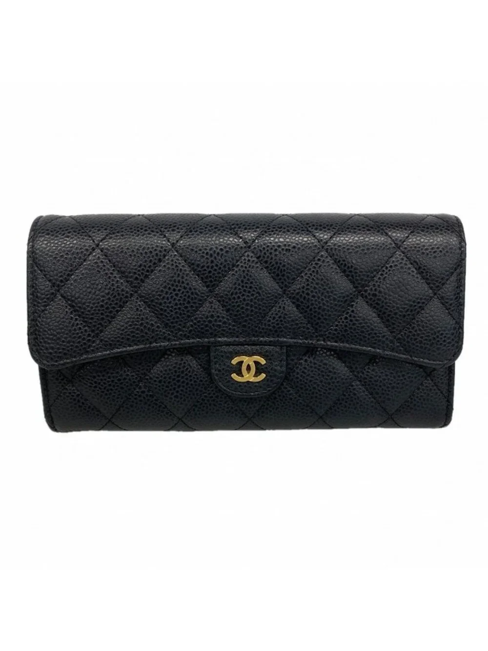 Chanel Wallet Quilted Caviar Leather Black Gold